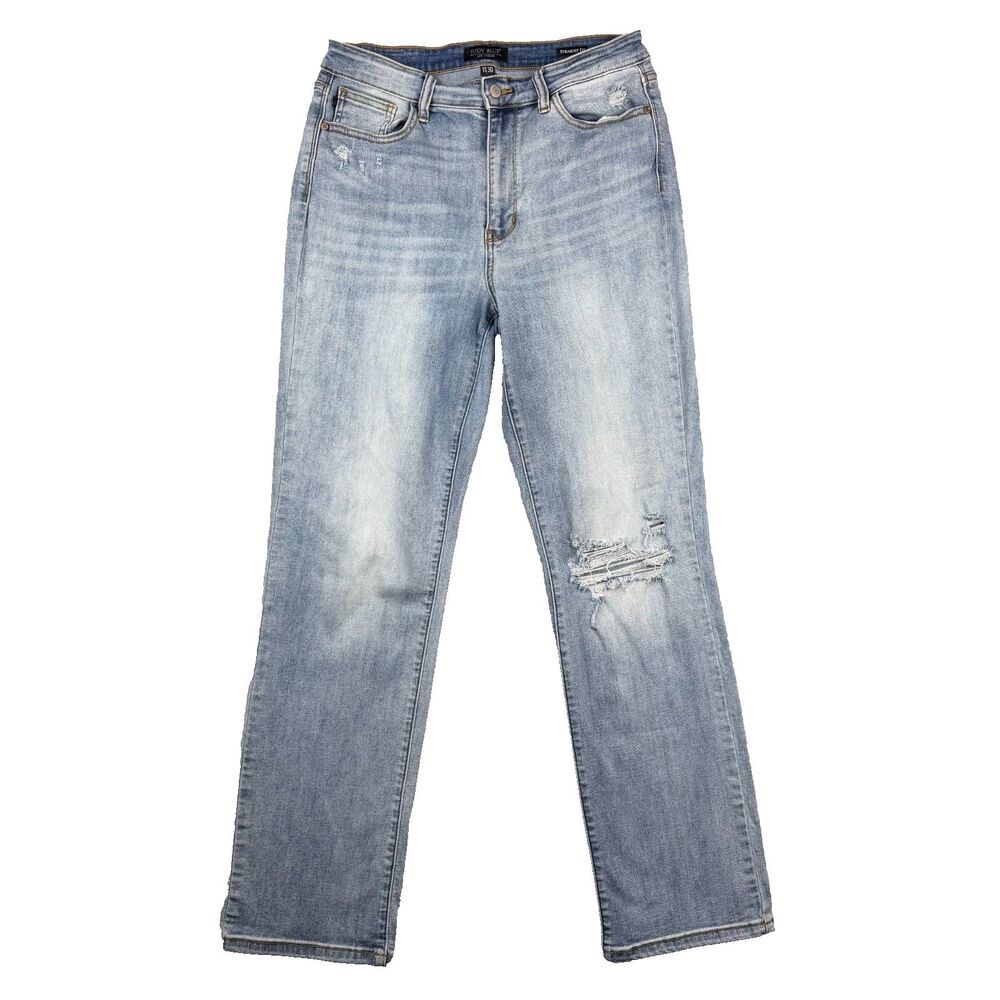 Judy Blue Straight Fit Jeans Womens 11/30 Light Wash Distressed Denim JB8232-LT